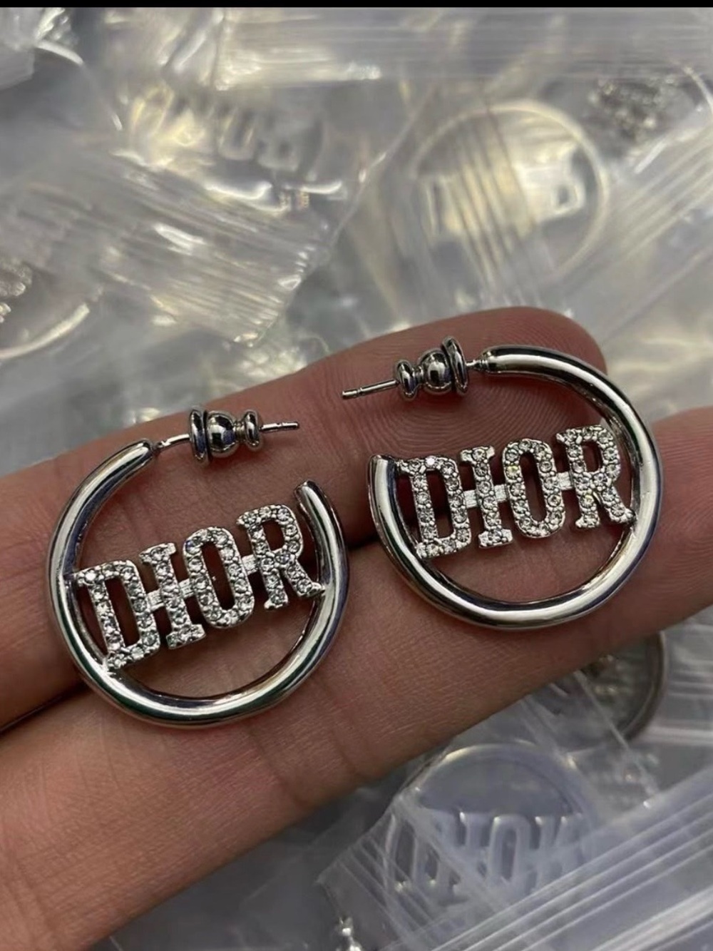 Designer Inspired CD Silver Crystal Logo Hoop Earrings